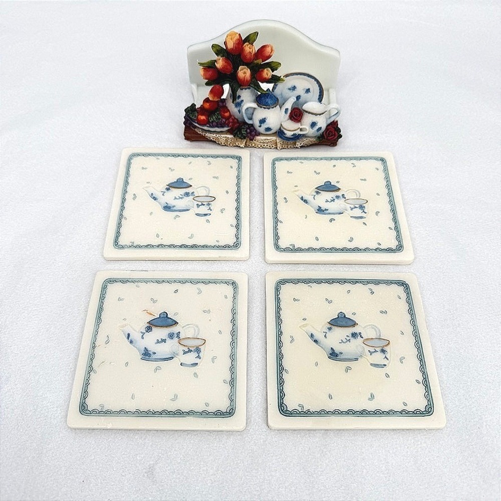 Richesco Corporation Coaster Set Blue White Teapot Floral 5 Piece Set ***READ**